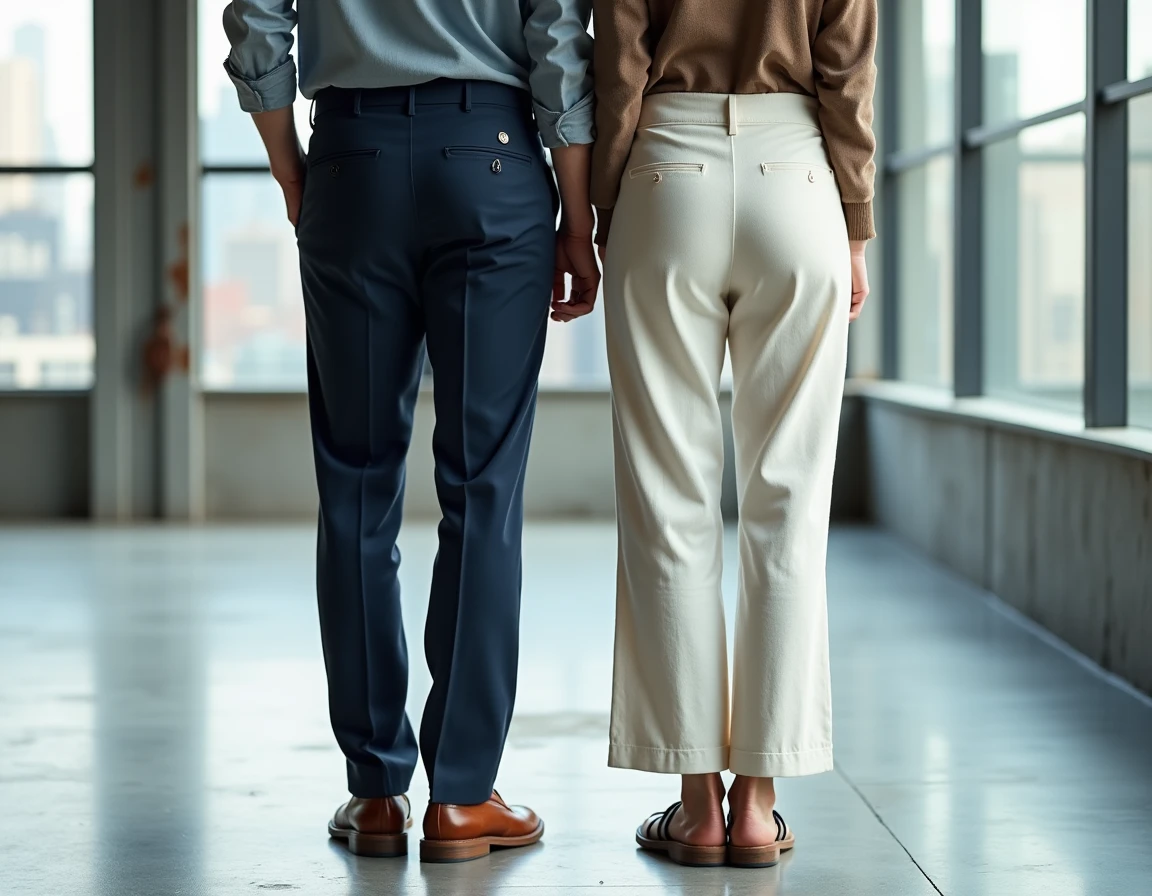 Couple comparant deux coupes de sarouel, modèle slim pour homme et coupe ample pour femme, dans un loft urbain moderne