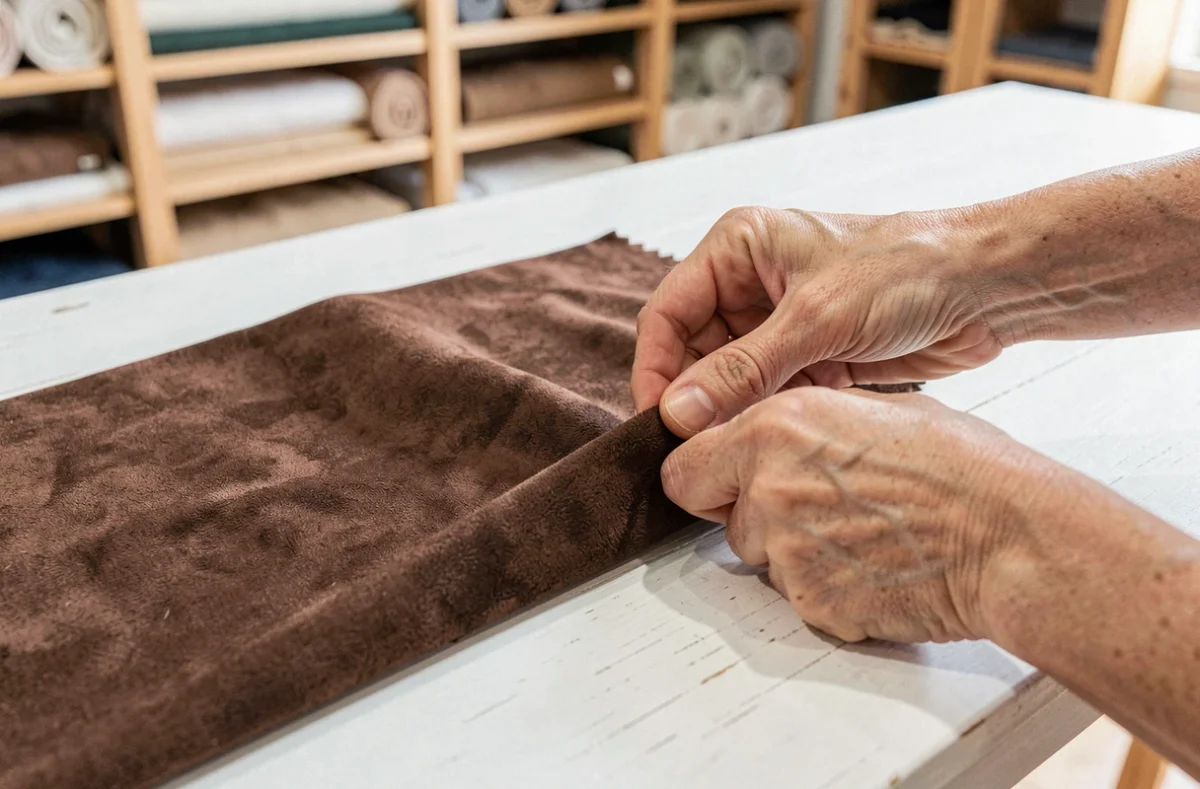 Comparaison de deux échantillons de daim véritable et d'imitation examinés à la main sur une table en bois blanc