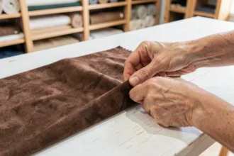 Comparaison de deux échantillons de daim véritable et d'imitation examinés à la main sur une table en bois blanc