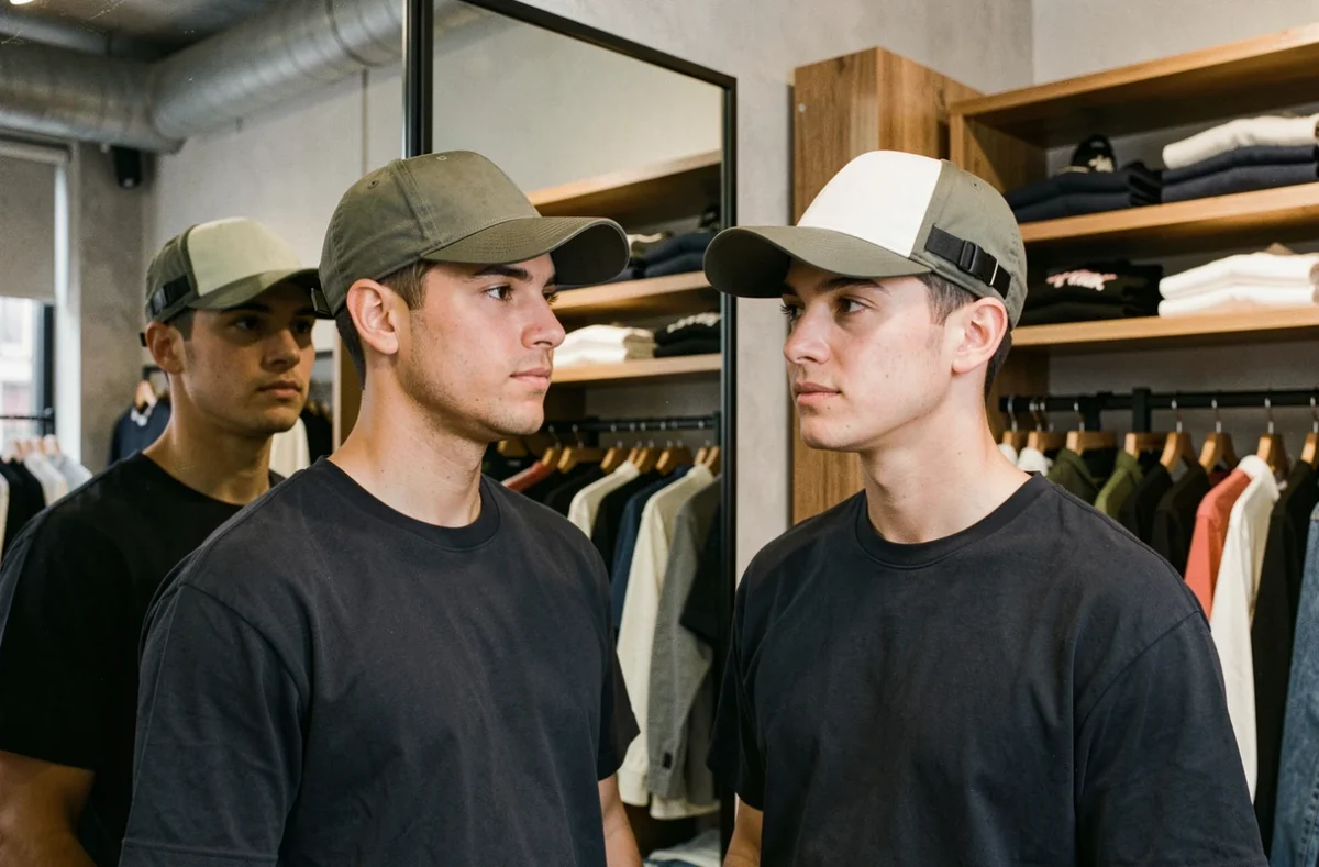 Deux jeunes adultes aux formes de visage différentes essayant et comparant des casquettes style Inoxtag devant un miroir dans une boutique streetwear