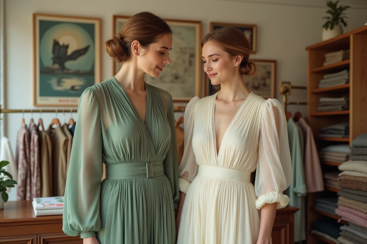 Deux femmes comparant des robes années 30 de longueurs différentes dans une boutique de mode vintage pour choisir la bonne coupe