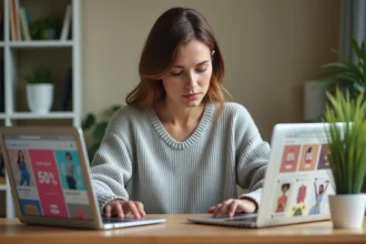 Femme comparant deux sites de ventes privées sur des ordinateurs portables dans un bureau moderne