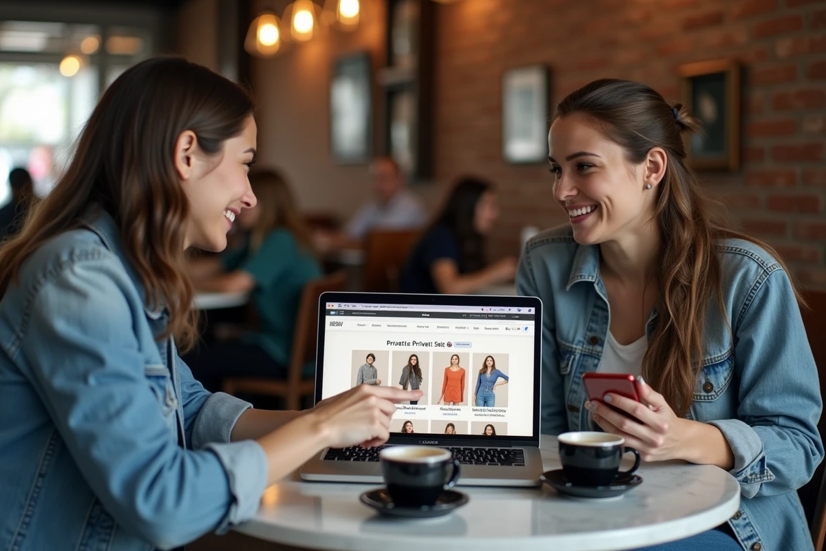 Deux femmes comparant des sites de ventes privées concurrents dans un café urbain