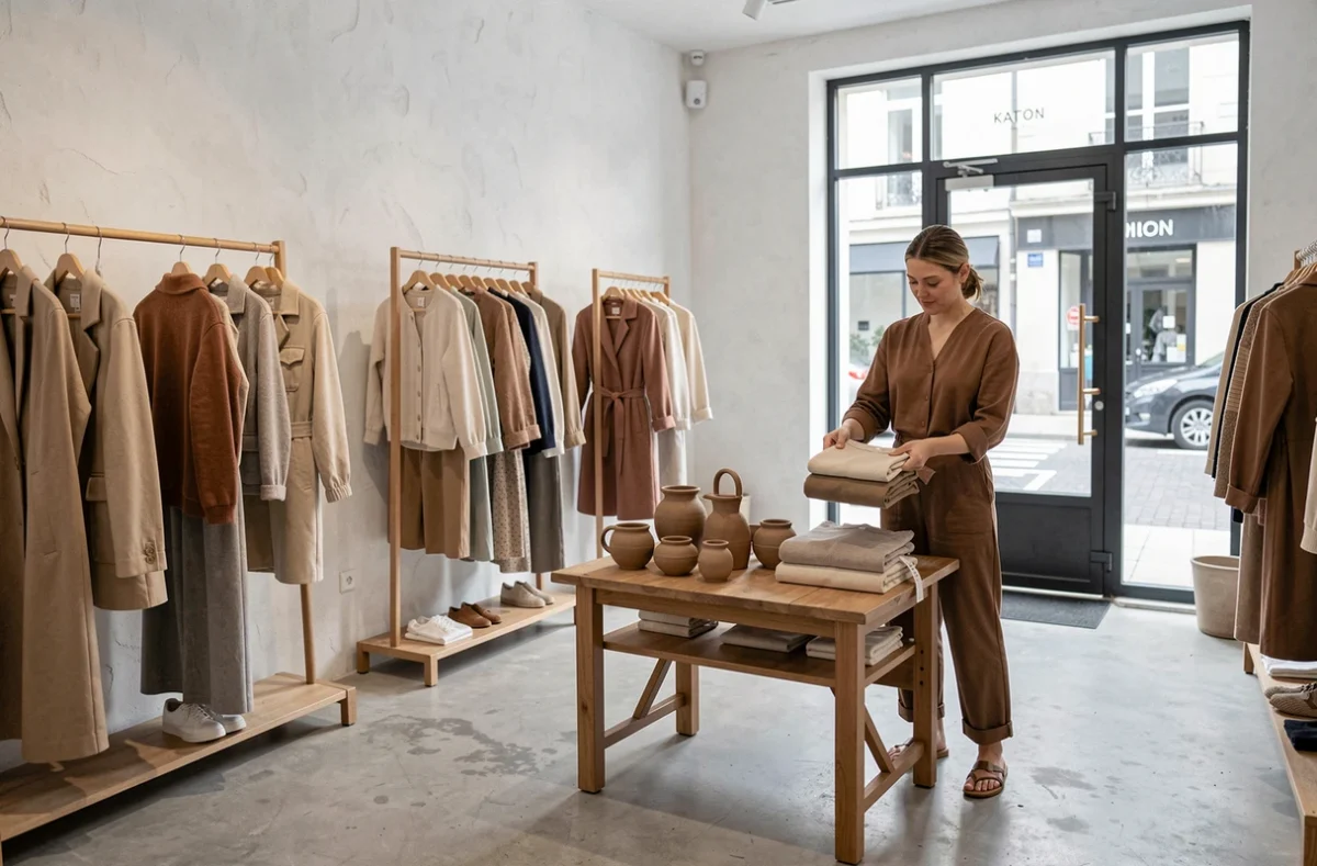Intérieur minimaliste du concept store Kaolin à La Roche-sur-Yon avec portants épurés, sol béton et accessoires céramique artisanaux