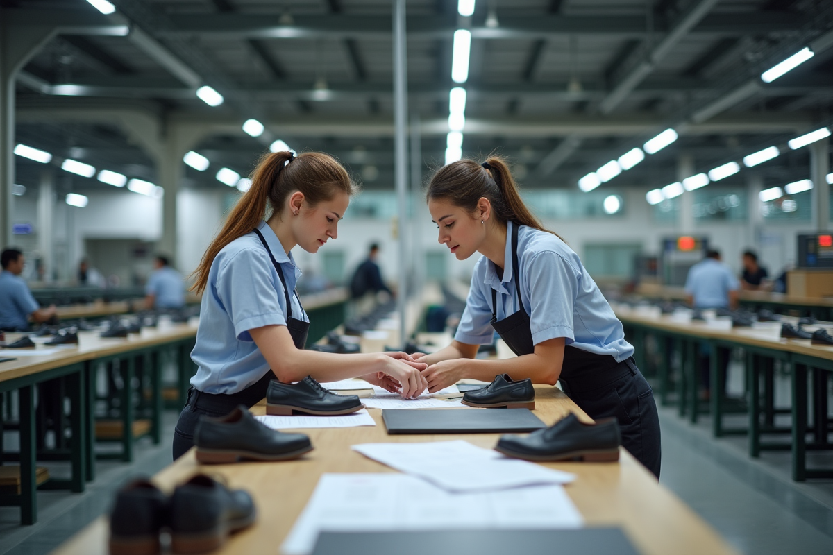 Deux controleuses examinant des chaussures finies
