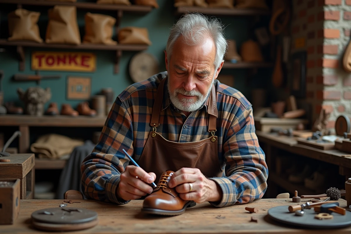 Cordonnier expérimenté réparant une chaussure en cuir cousue main dans son atelier traditionnel