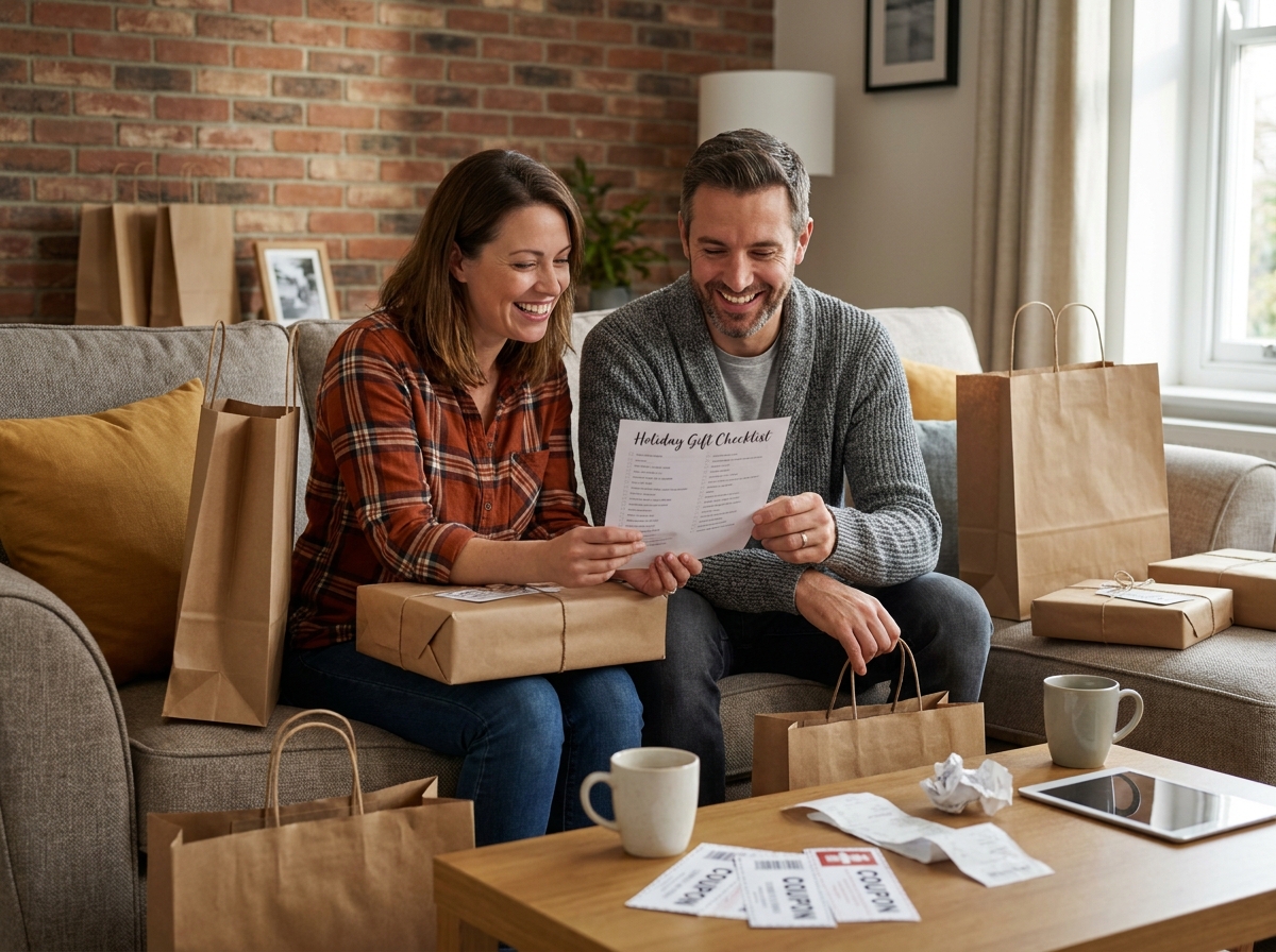 Couple ayant anticipé ses achats de Noël entouré de cadeaux déjà achetés et d'une liste budgétaire complète