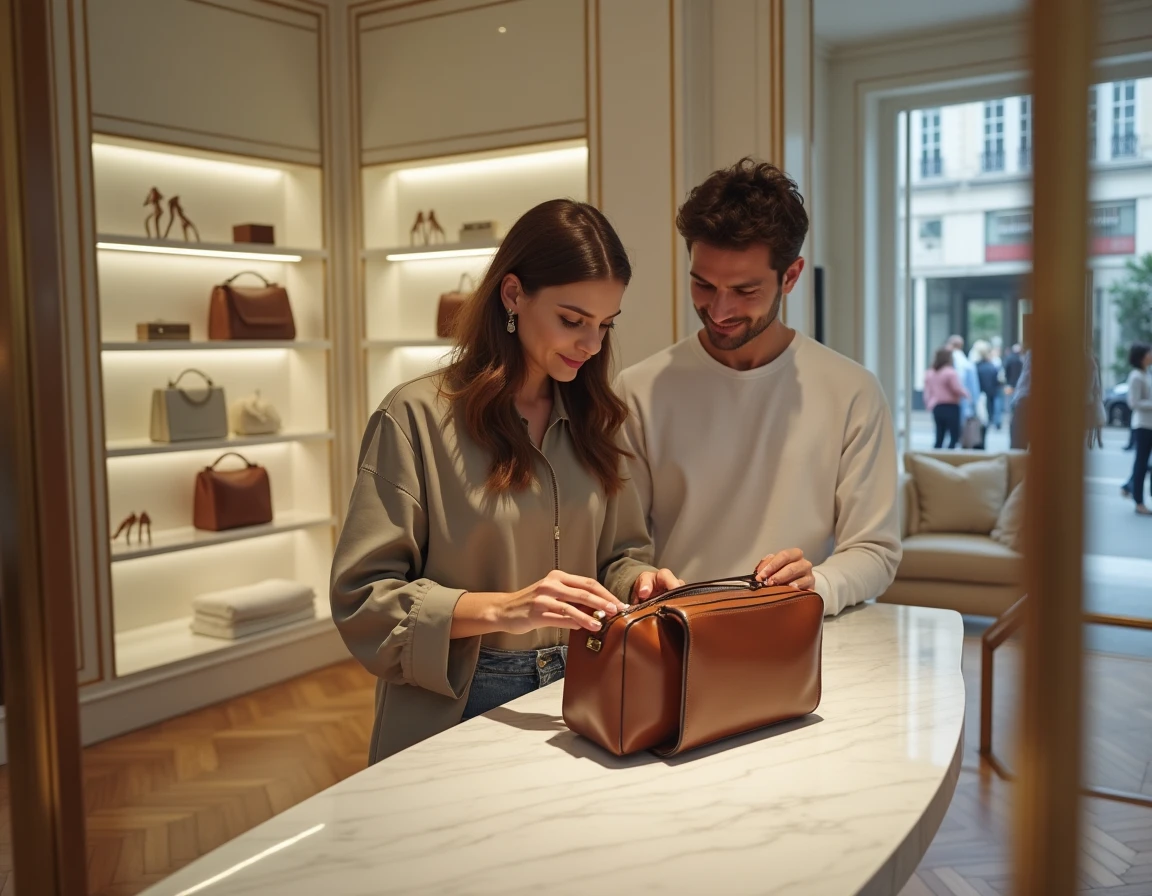 Couple découvrant des sacs en cuir de luxe dans une boutique raffinée de l'Avenue Montaigne à Paris, intérieur élégant avec parquet et miroirs