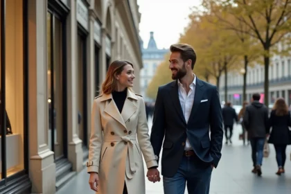 Couple élégant se promenant main dans la main sur l'Avenue Montaigne à Paris en automne, devant les façades haussmanniennes et les vitrines de boutiques de luxe