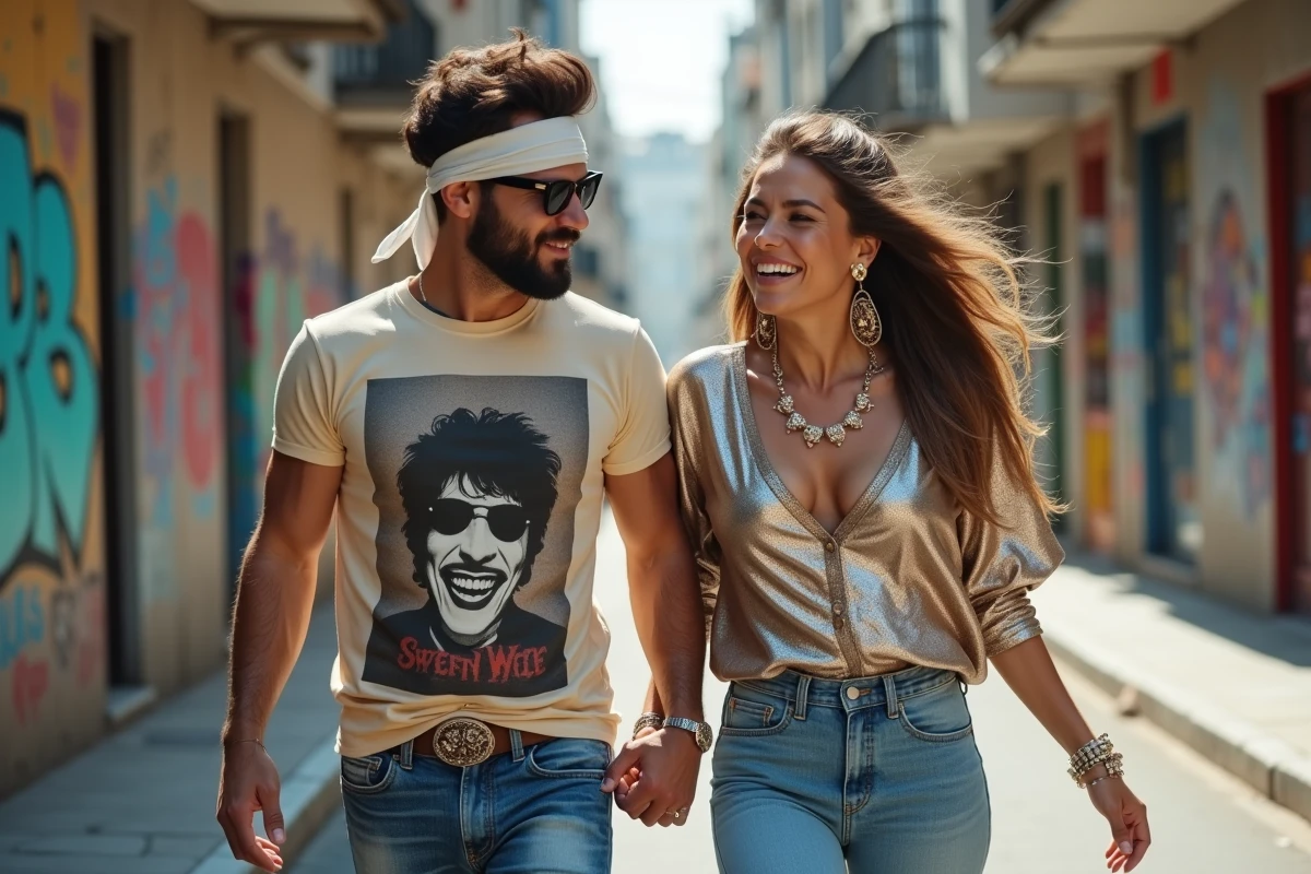 Couple urbain dans la rue avec graffitis années 80