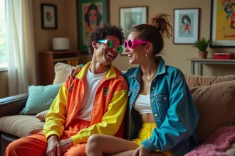 Couple vintage dans un salon rétro années 80