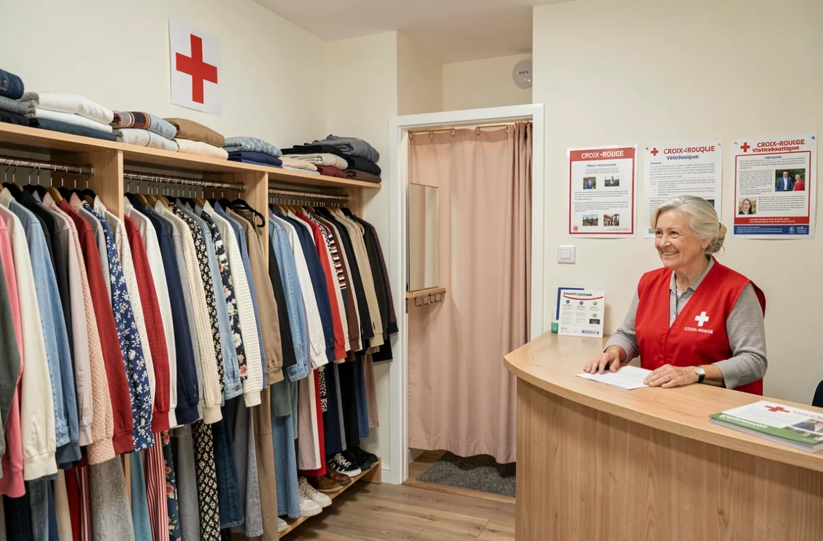 Intérieur de la vestiboutique Croix-Rouge à Guingamp avec bénévole et vêtements bien organisés