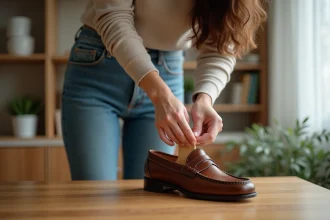 Femme d'âge moyen utilisant un étireur de chaussures en bois dans un intérieur cosy