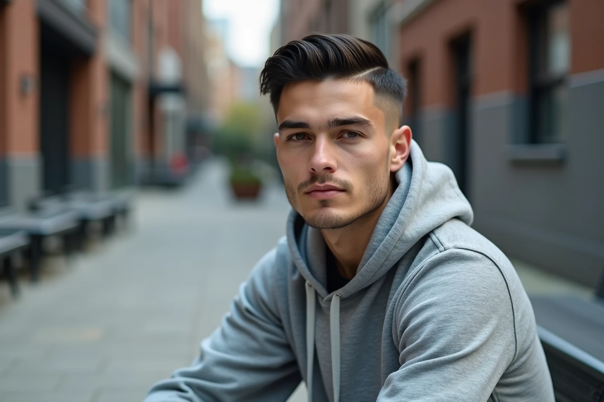 Jeune homme en extérieur urbain avec un dégradé espagnol bas et cheveux lisses coiffés en arrière, assis sur un banc en béton dans une ambiance street style