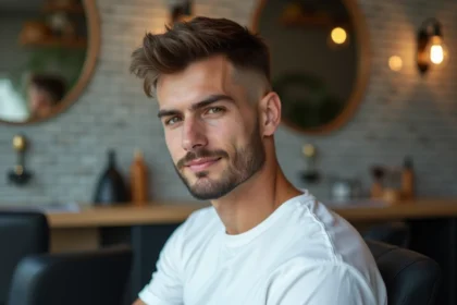 Homme jeune avec un dégradé espagnol soigné dans un salon de coiffure moderne, vue en trois quarts mettant en valeur le fondu progressif sur les côtés