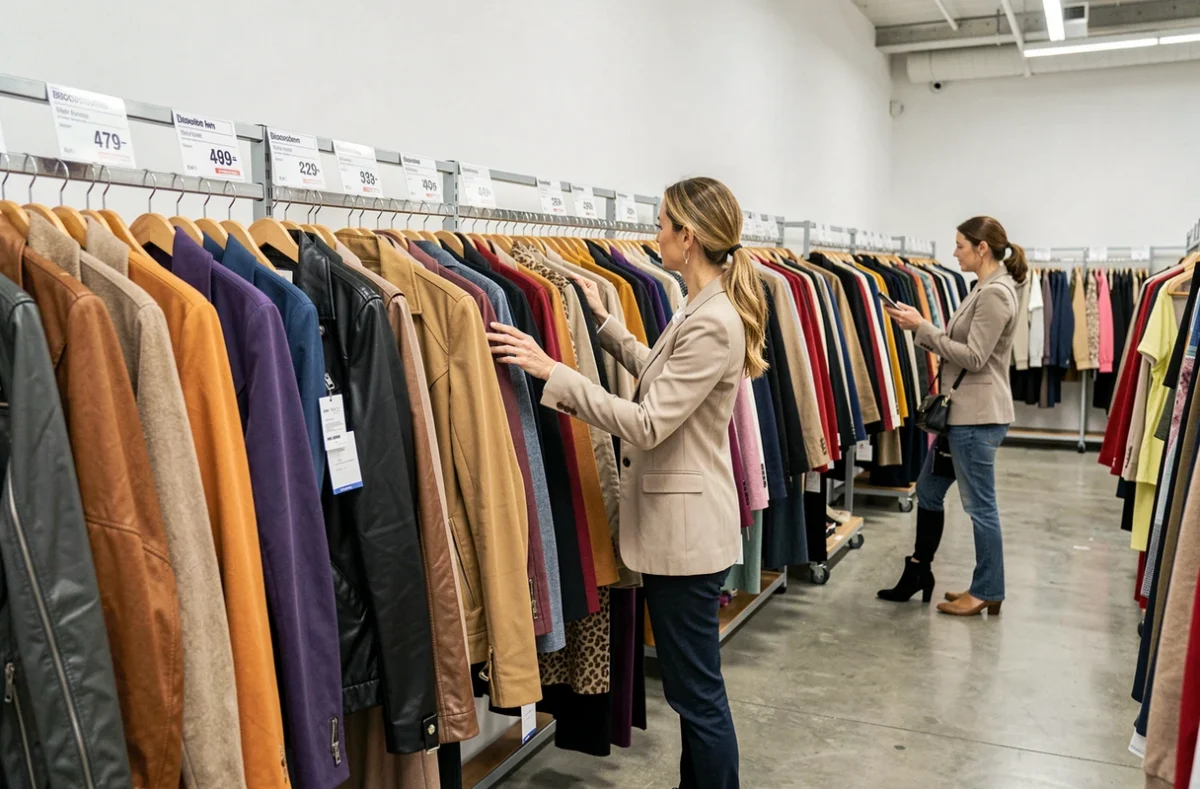 Intérieur du magasin Degriffstock Perpignan avec portants de vêtements de marque dégriffés pour femmes
