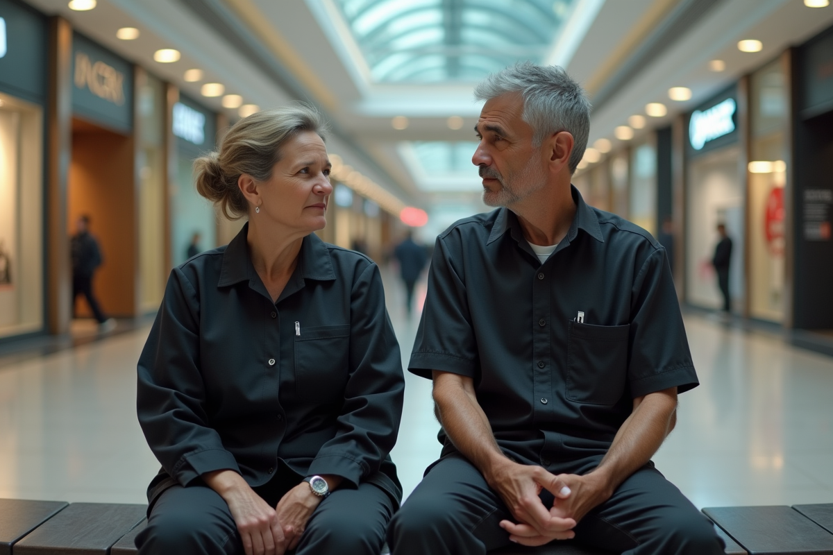 Deux employés discutant dans un centre commercial désert