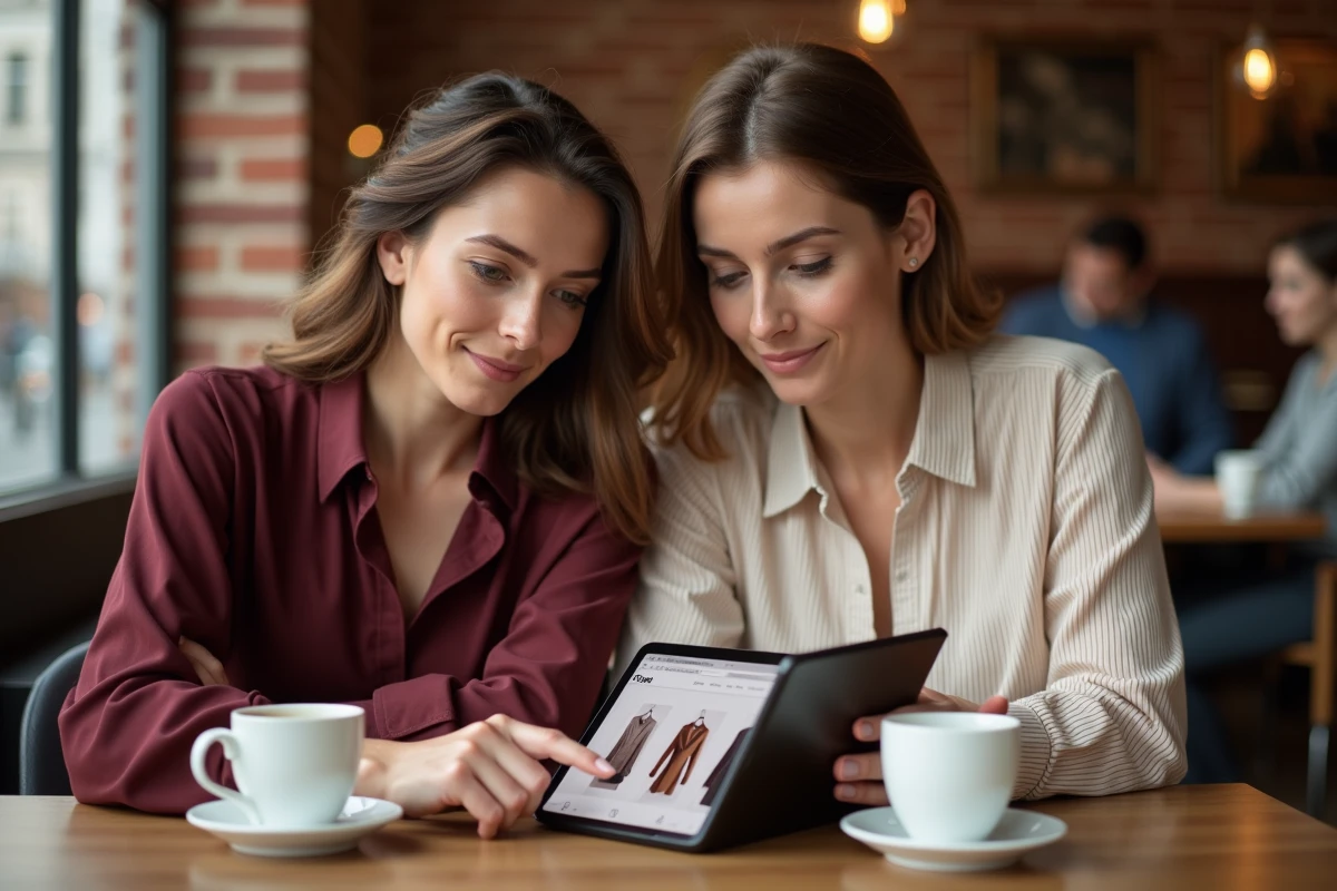 Deux femmes découvrant ensemble un site de vêtements en ligne sur une tablette dans un café