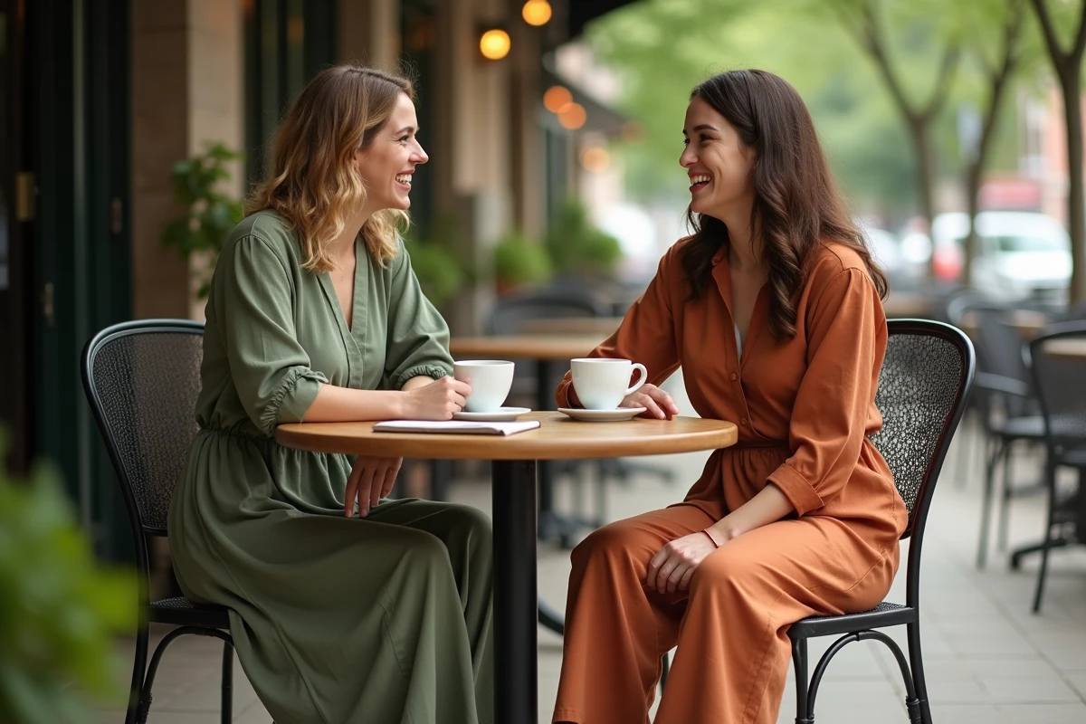 Deux femmes portant des ensembles wassat coordonnés de couleurs différentes attablées en terrasse de café