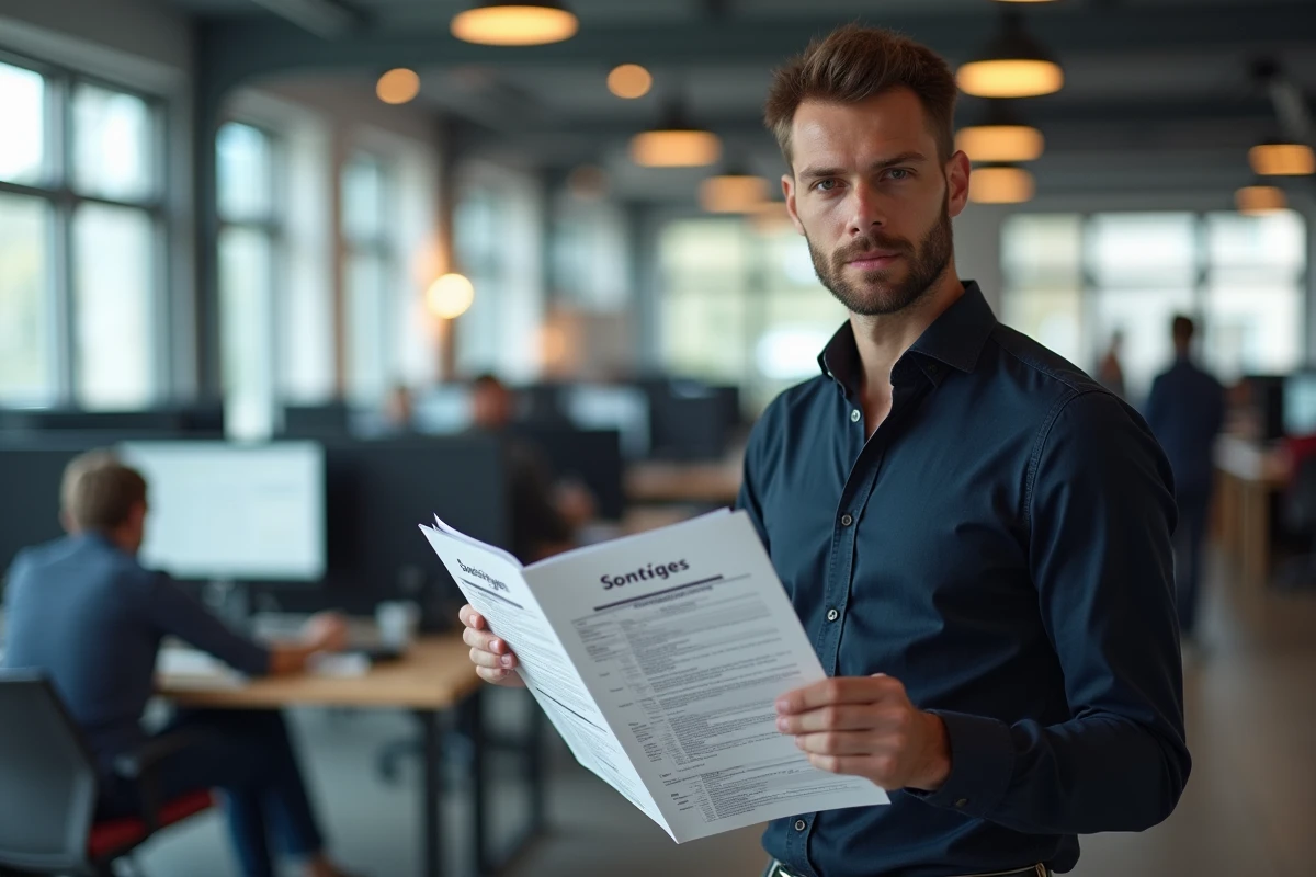 Développeur pointant des erreurs de traduction automatique dans un catalogue de vêtements imprimé dans un bureau moderne