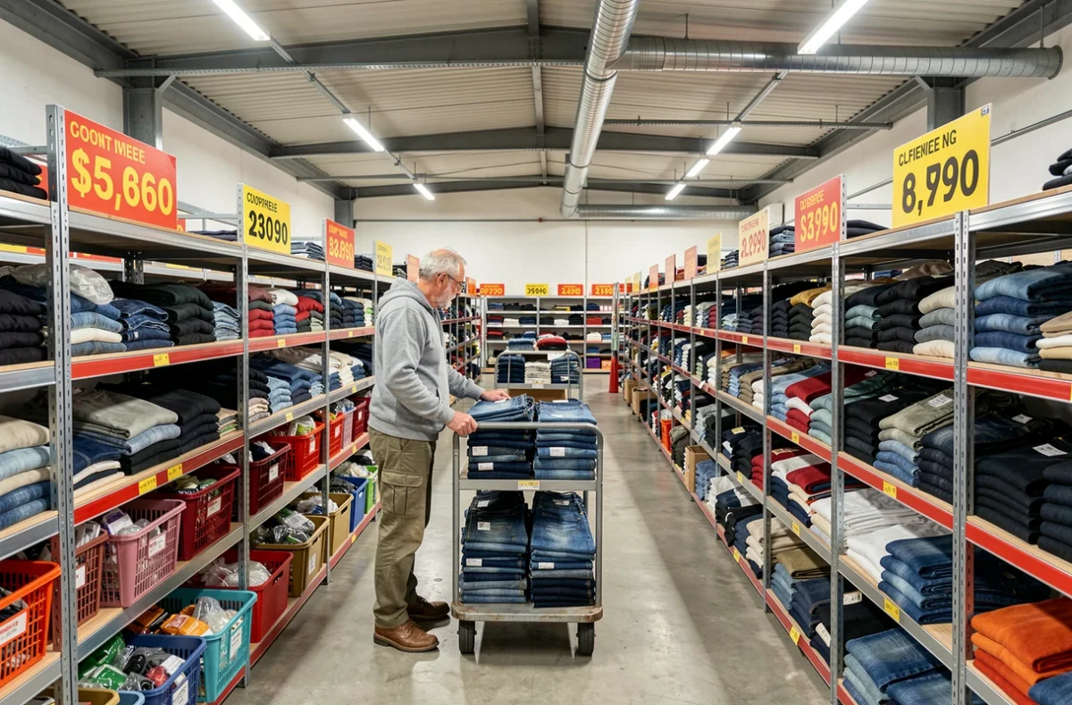 Intérieur spacieux de la solderie Dstock Armor à Pléneuf-Val-André avec rayons de vêtements en seconde main