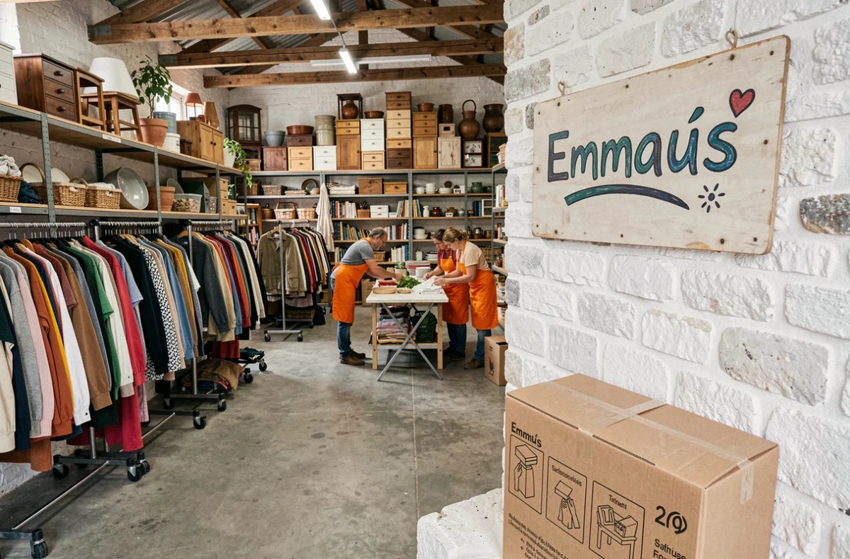 Intérieur de la ressourcerie solidaire Emmaüs à Saint-Brieuc avec portants de vêtements et bénévoles
