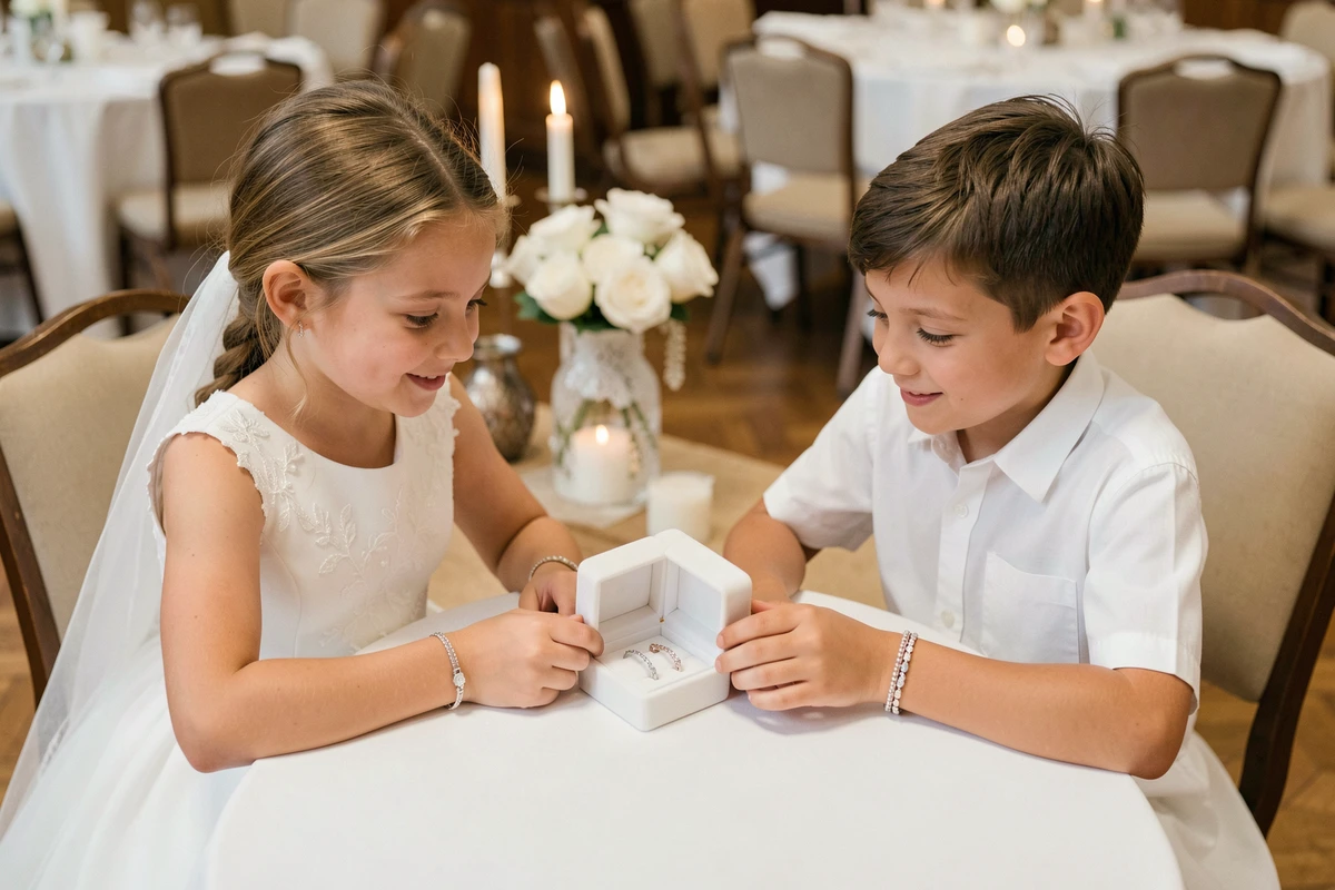 Enfants en tenue de communion découvrant des bracelets mixtes dans un écrin lors d'une réception