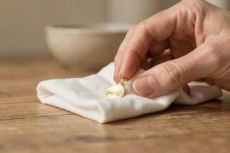 Mains féminines polissant délicatement un pendentif en or gravé avec un chiffon microfibre sur une table en bois