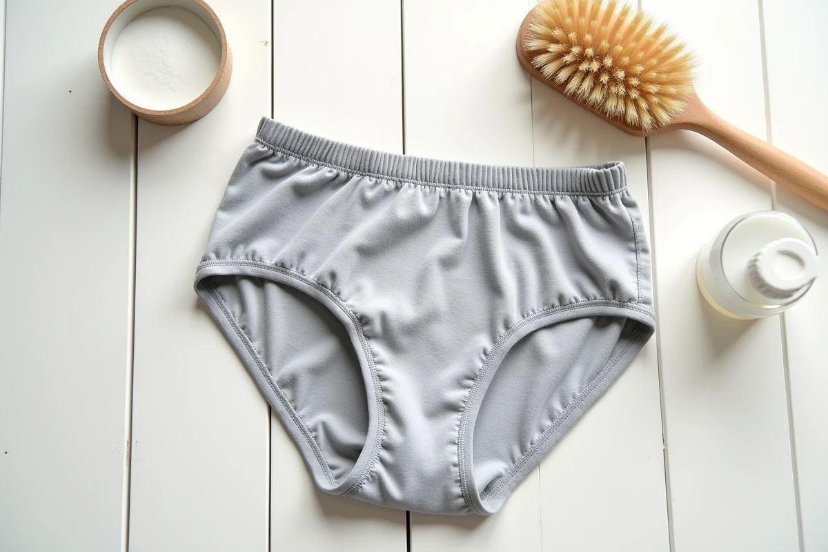 Slip kangourou en coton gris soigneusement plié sur une surface en bois blanc, avec du détergent délicat et une brosse douce pour l'entretien