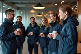 Groupe diversifié en vestes softshell modernes au bureau