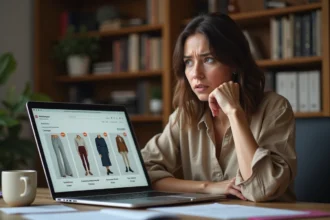 Femme perplexe devant un écran d'ordinateur affichant des traductions automatiques incorrectes sur un site de vêtements en ligne