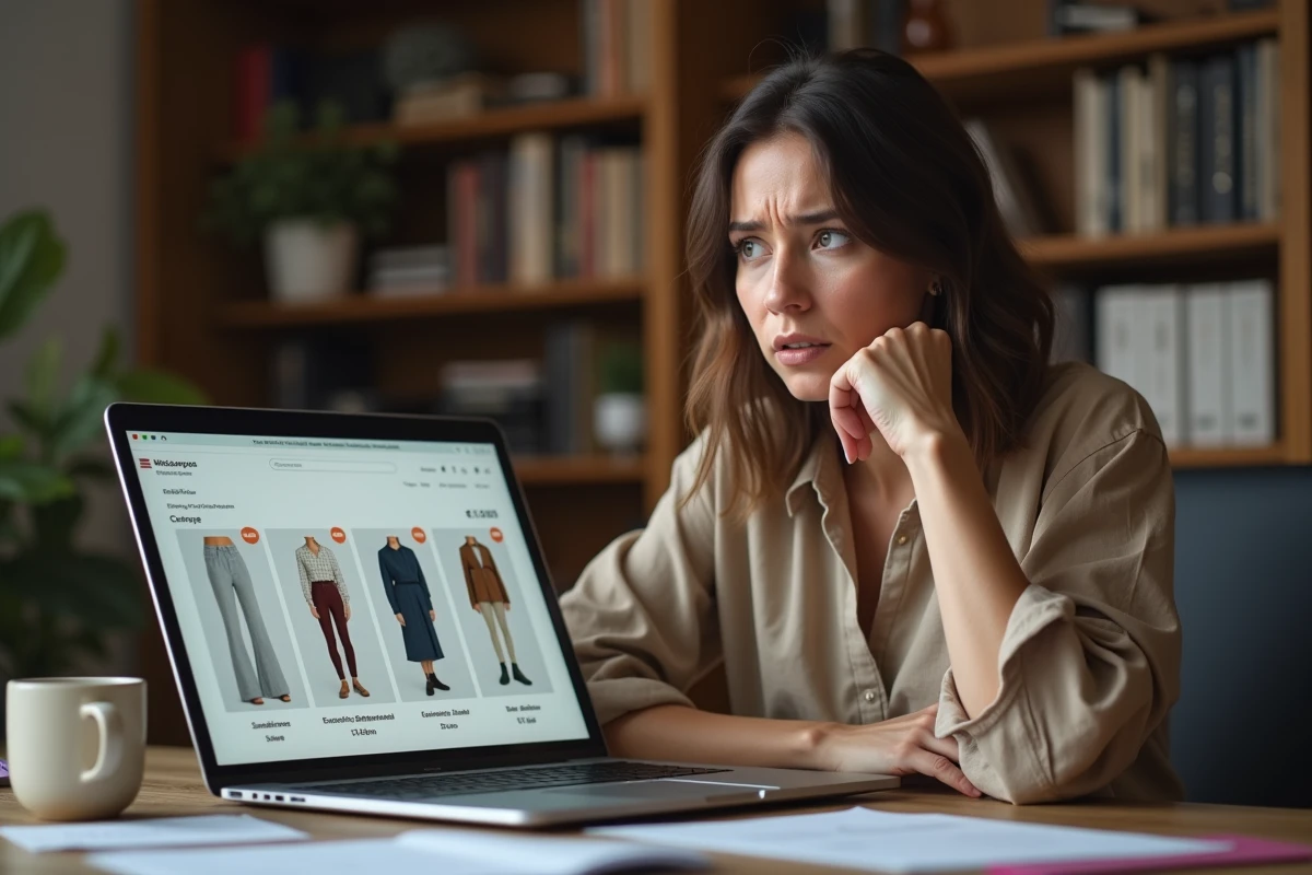 Femme perplexe devant un écran d'ordinateur affichant des traductions automatiques incorrectes sur un site de vêtements en ligne