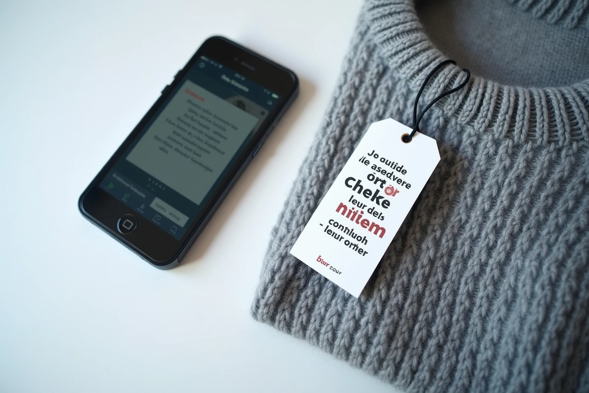Étiquette de vêtement avec traductions automatiques erronées en plusieurs langues posée sur un pull gris avec un smartphone affichant une application de traduction