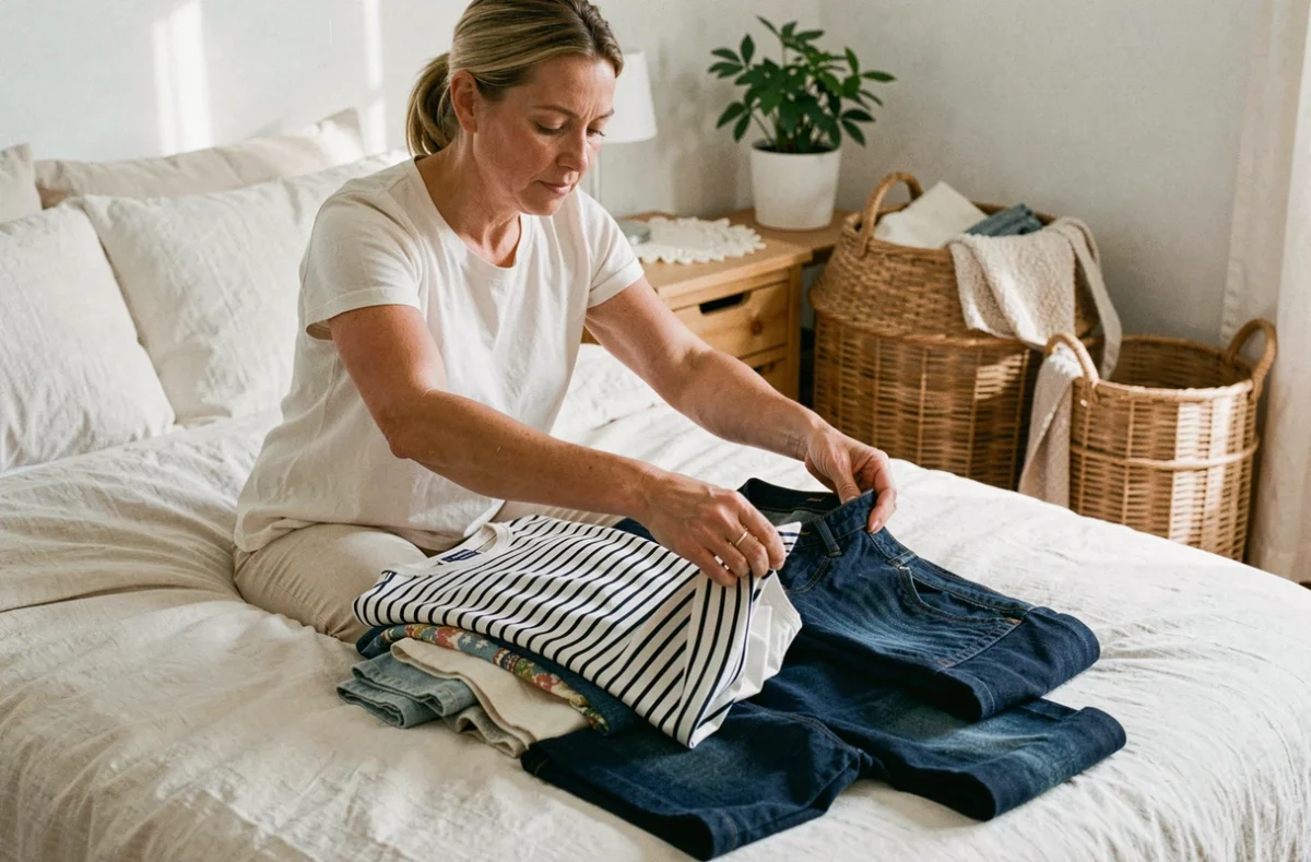 Femme triant et évaluant des vêtements Kiabi après plusieurs lavages, dont un top marinière rayé et un jean, sur un lit en lin blanc