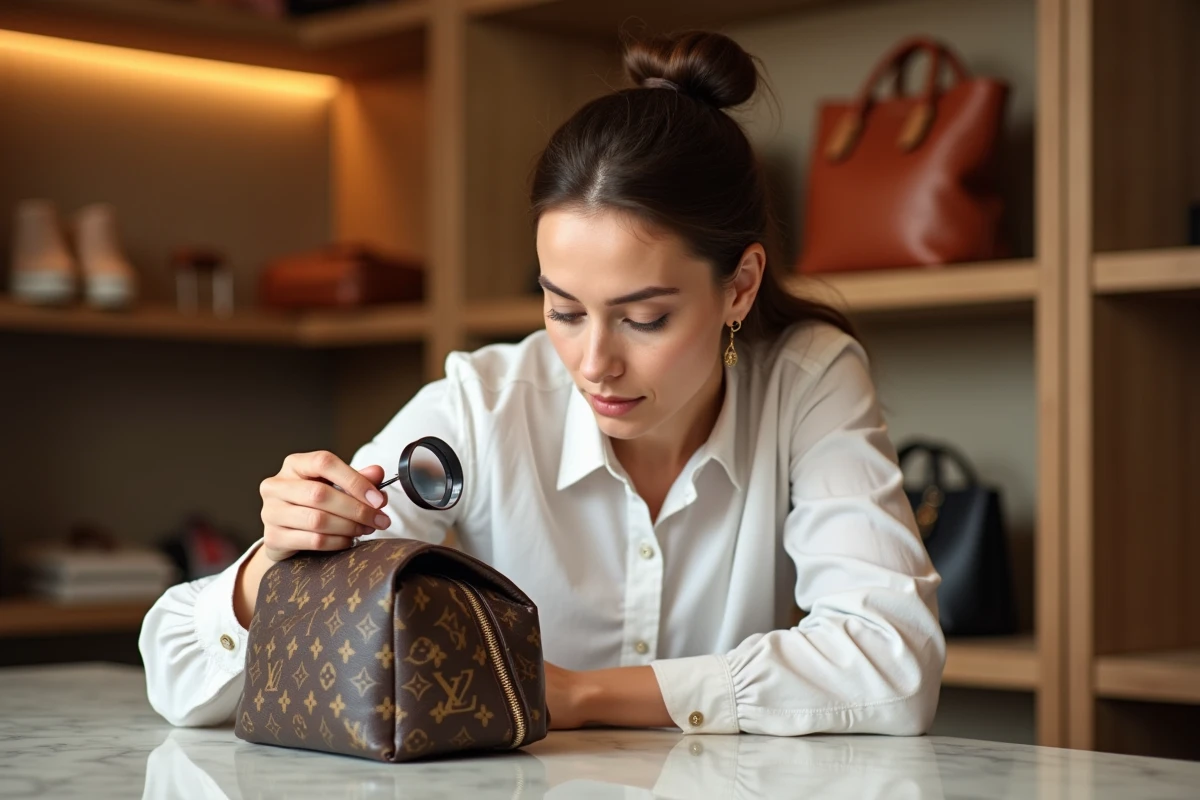 Femme expert en maroquinerie examinant les coutures d'un sac à main de luxe avec une loupe dans une boutique de revente