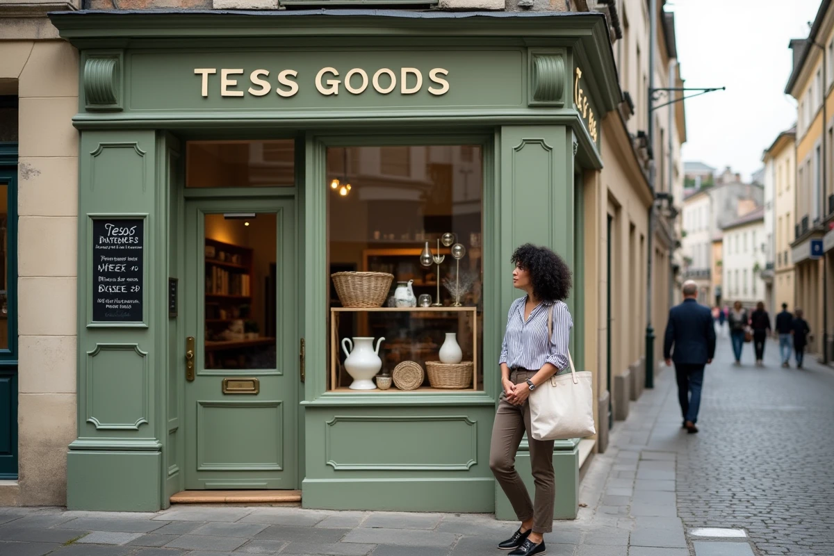 Façade extérieure de la boutique Tess Goods avec vitrine décorative et enseigne artisanale dans une rue pavée de ville française