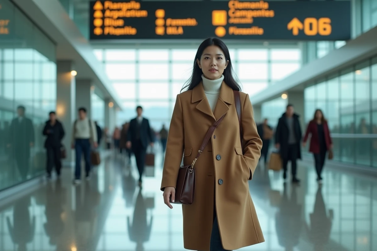 Femme multiculturelle dans un aéroport international tenant un passeport, évoquant la nationalité et les origines dans un contexte mondial
