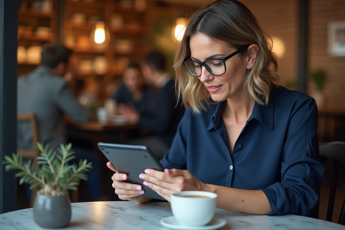 Femme cherchant des bons plans sur une marque en ligne depuis un café avec sa tablette