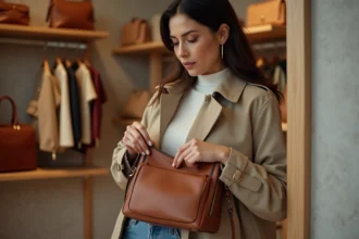 Femme élégante inspectant un sac à main en boutique