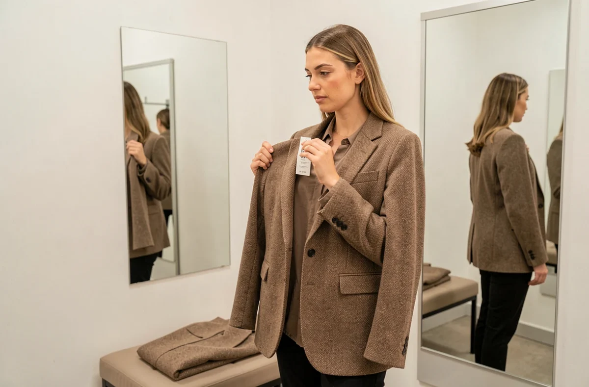 Femme en cabine d'essayage comparant la taille d'une veste IKKS avec l'étiquette de taille