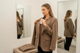Femme en cabine d'essayage comparant la taille d'une veste IKKS avec l'étiquette de taille