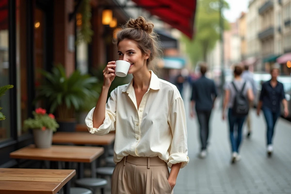 Femme élégante buvant un café en extérieur dans la ville