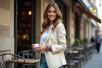 Femme élégante avec blazer en lin et bracelets à Paris