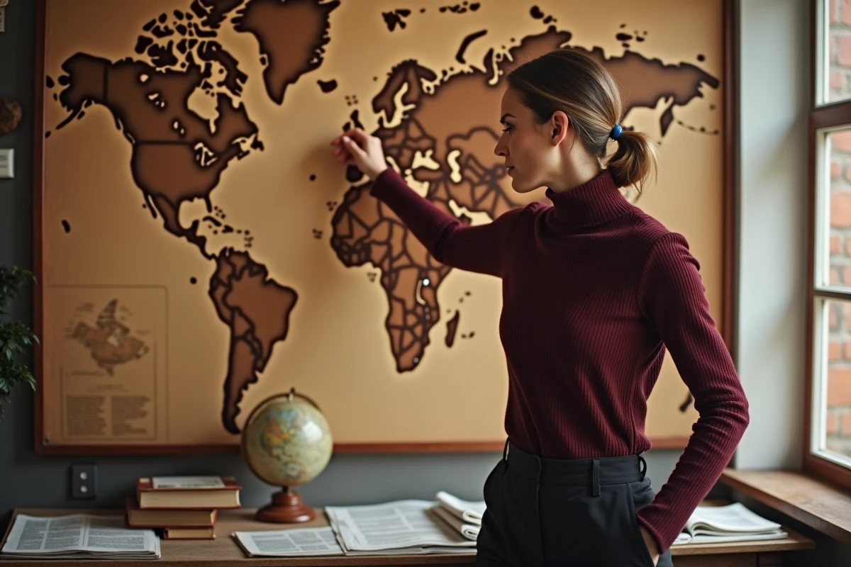 Femme d'origines multiples devant une carte du monde, symbolisant la question de la nationalité et de l'identité culturelle