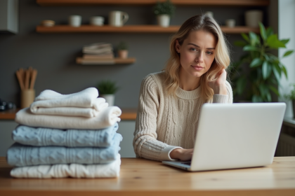 Jeune femme en détente avec ordinateur et vêtements prêts à expédier