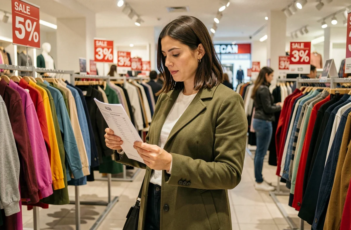 Femme consultant une check-list imprimée avant de passer en caisse lors des soldes en France