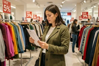 Femme consultant une check-list imprimée avant de passer en caisse lors des soldes en France