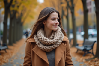 Femme en manteau camel dans un parc urbain automnal
