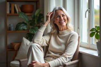 Femme élégante en cashmere et lin dans un intérieur chaleureux