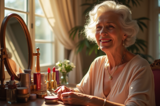 Femme élégante de 70 ans souriante en maquillant ses lèvres